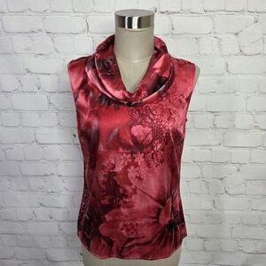 NWT ST. JOHN COUTURE Silk Wild Fire Red Floral Sleeveless Cowl Neck Tank Top